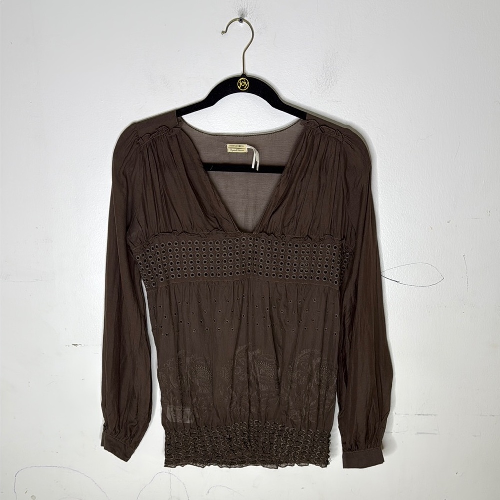 Max Studio Special Edition Eyelet Detail Brown Smocked Blouse Size XS